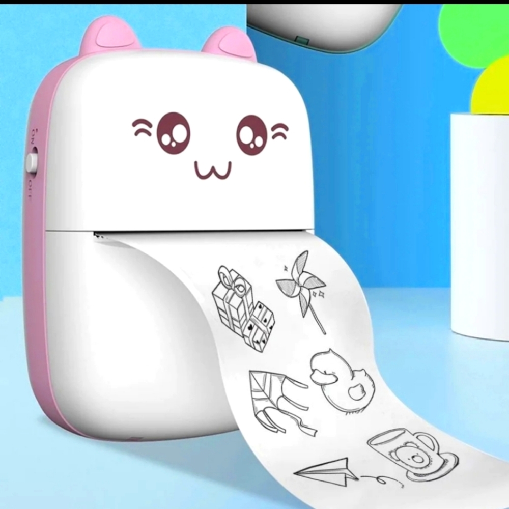 Kawaii Pink Cat Mini Thermal Printer 200dpi + 6 Rolls of Thermal Paper
